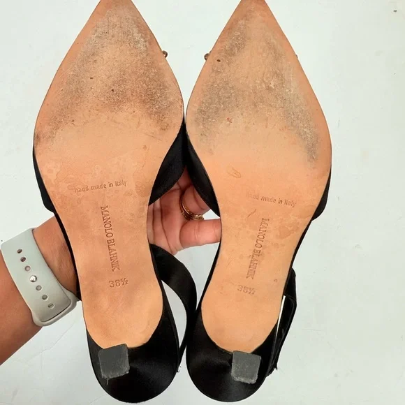 Manolo Blahnik Black Satin Leather Crystal embellishedslingback pumps EU 38.5